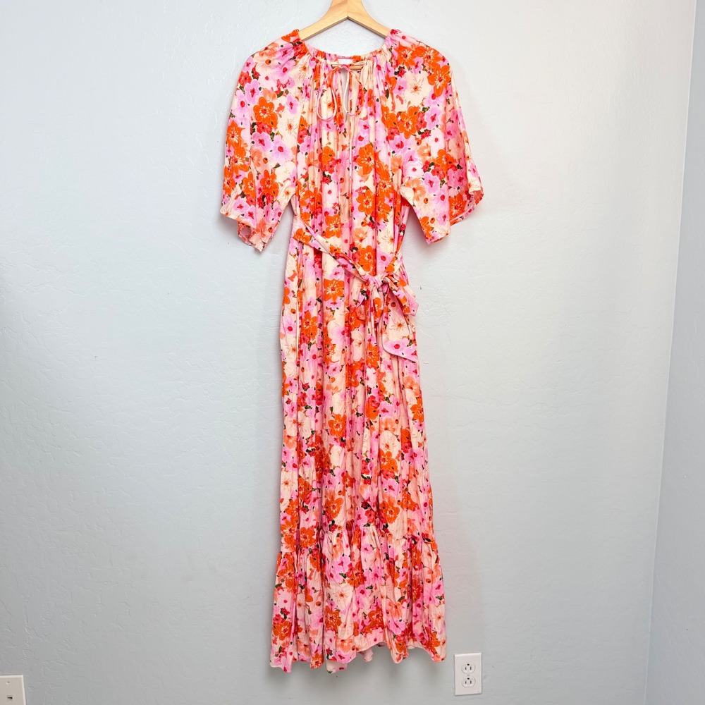 Ivy City Co Women Pink Orange Floral Maxi Dress Size S Tiered Flutter Sleeve
